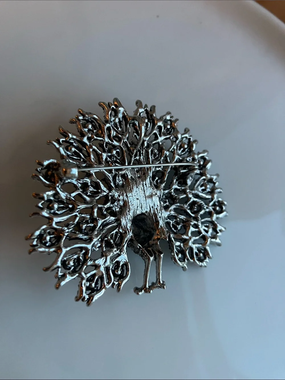 NEW Peacock Brooch, Silver and Teal Rhinestones